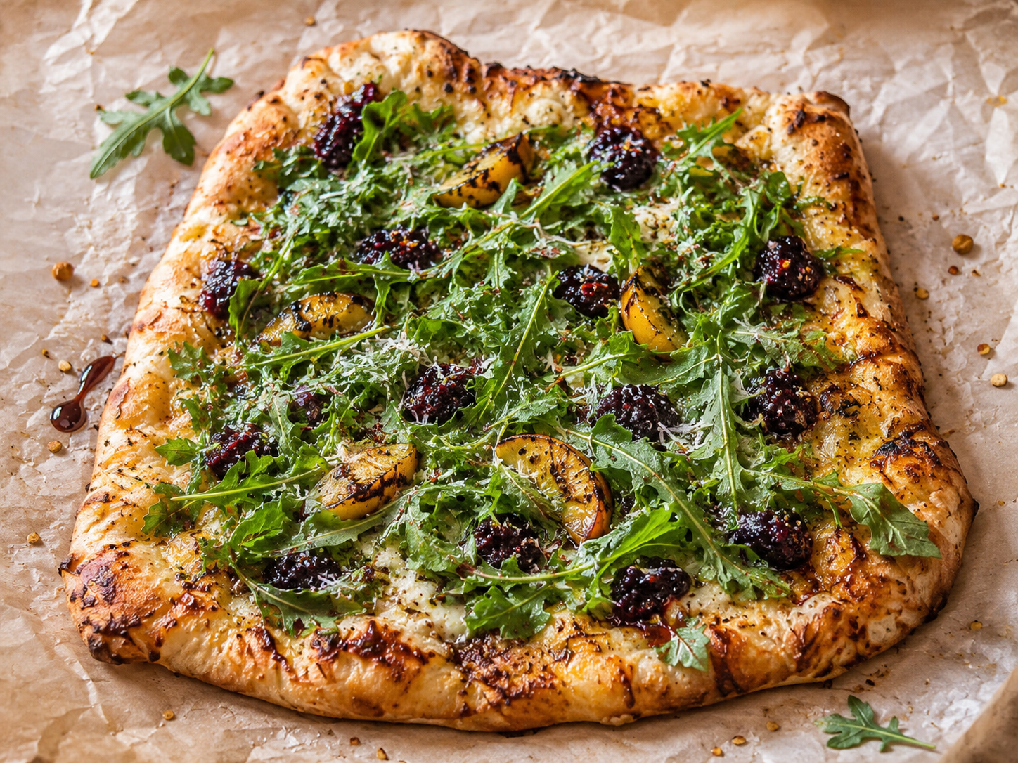 Grilled Peach, Blackberry & Arugula Pizza